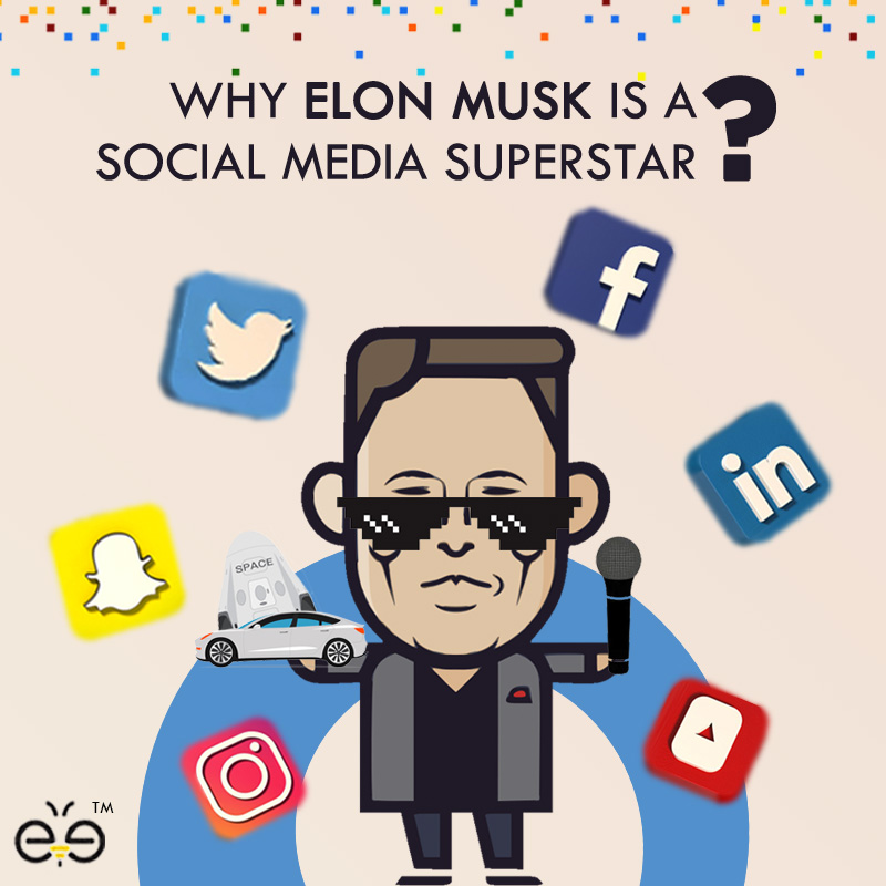 Elon musk's cartoon holding a microphone with social media icons surrounding him